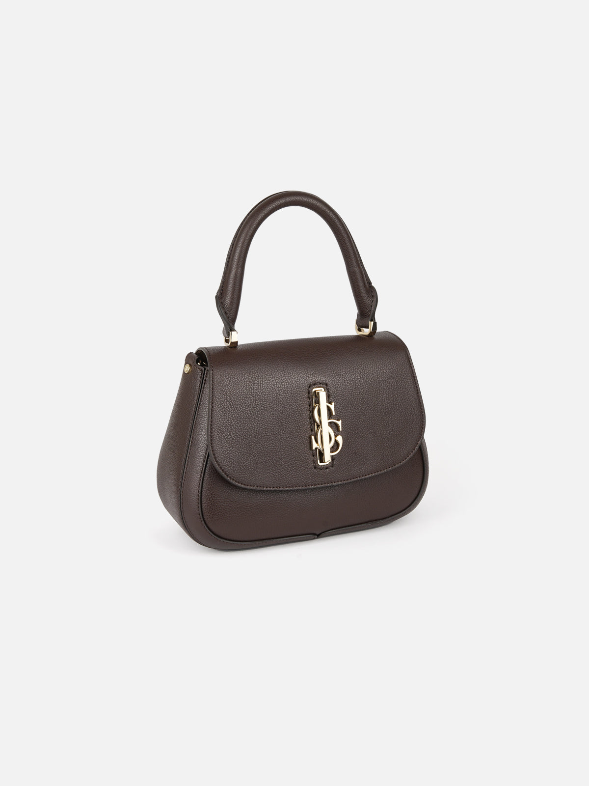 A dark brown pebbled-leather crossbody bag with a single top handle, angled towards the right. The bag features a large, gold-toned interlocking "S" and "C" logo clasp on the front flap closure and small gold hardware pieces. The background is a plain light blue.