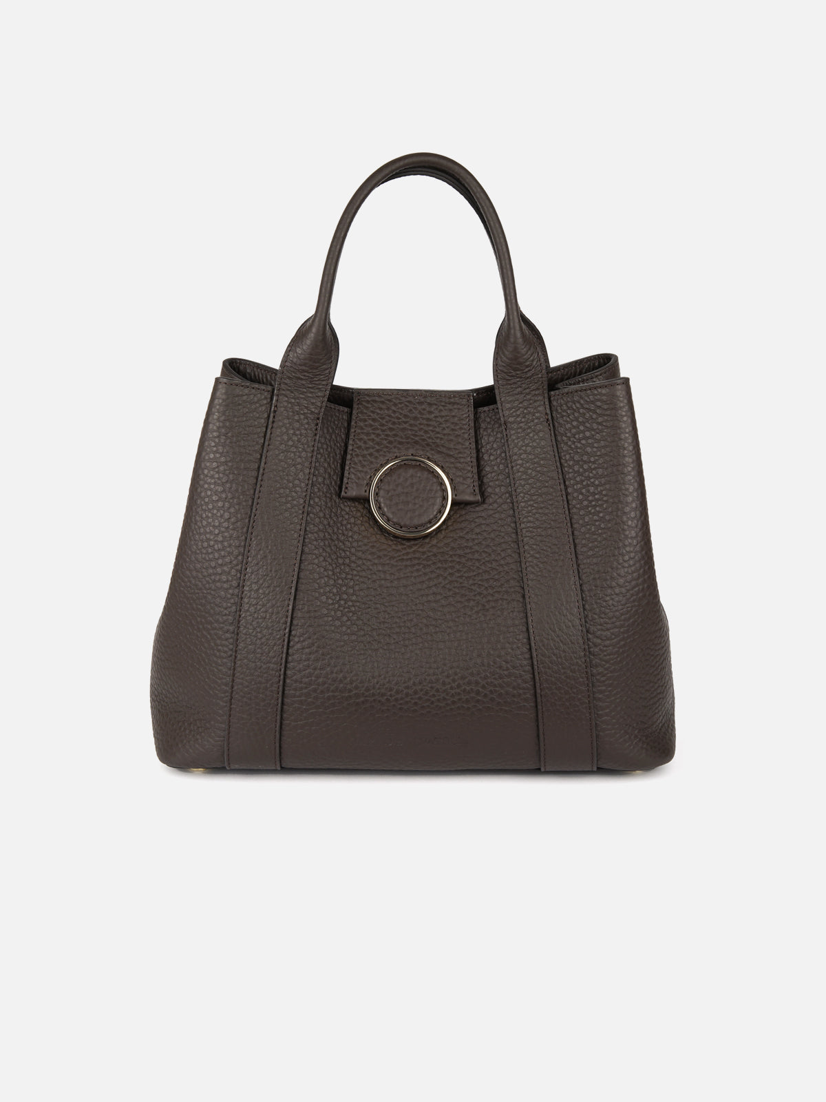 A frontal, symmetrical studio view of a dark brown pebbled-leather tote bag by Fabio Rusconi, set against a plain off-white background. The bag has double rolled handles and distinctive central gold-toned circular ring hardware engraved with the brand name.