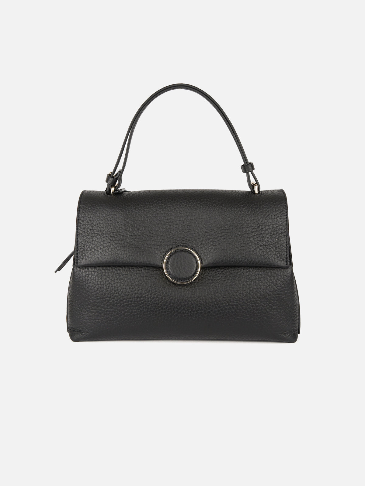 A luxury black handbag in fine pebbled leather, designed with a top shoulder handle and a sleek flap closure. The center is highlighted by a sophisticated circular buckle trimmed with polished gold hardware against a light neutral background.