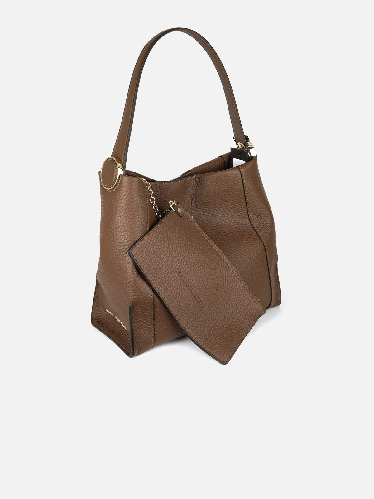 A three-quarter view of a luxurious brown pebbled leather hobo bag, complete with a structured top handle. The bag features distinctive circular gold-tone hardware on the strap. It is shown with its detachable, matching zippered pouch with elegant chain detail resting against the front, set against a seamless light grey background.