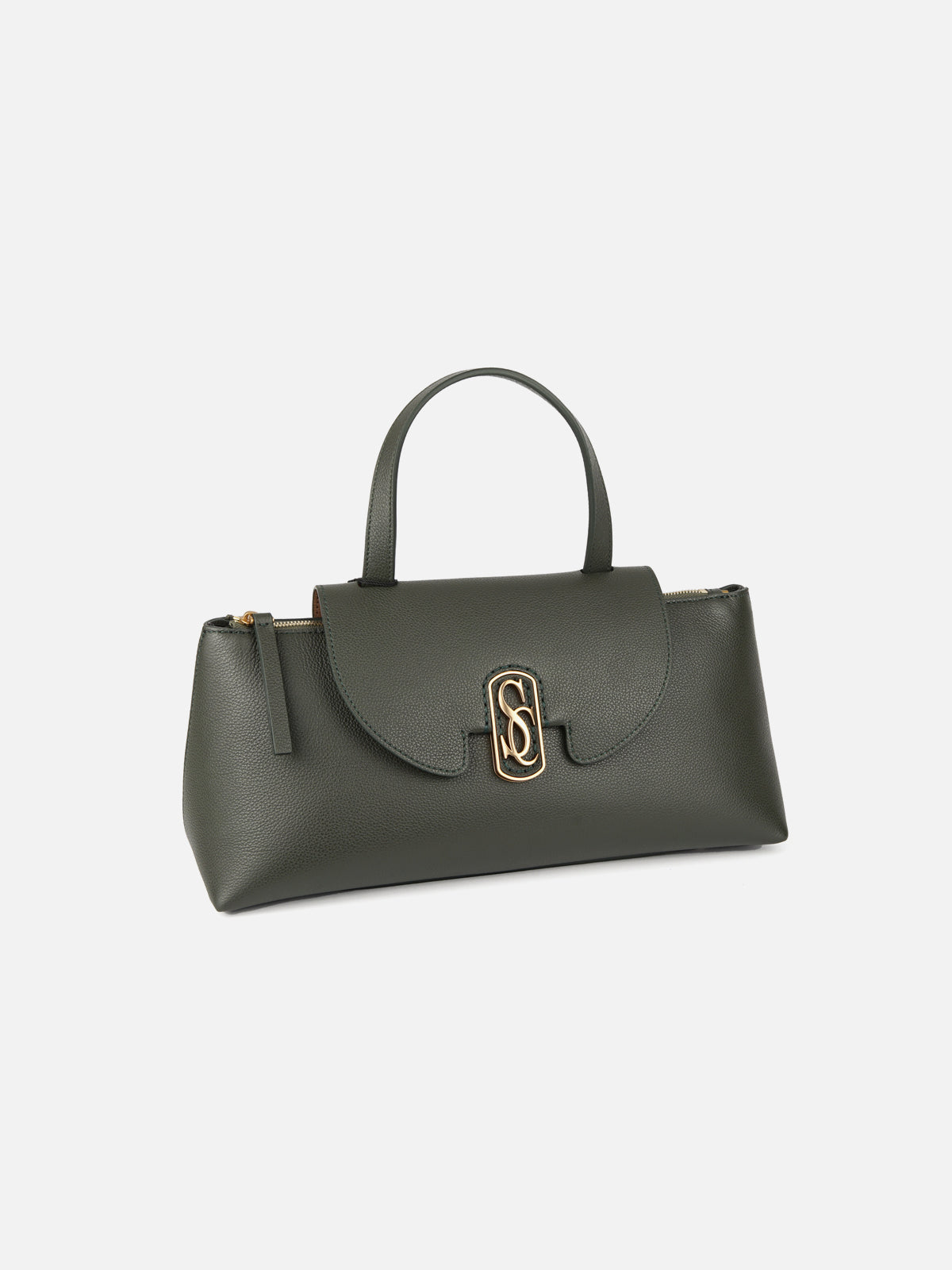 Detailed three-quarter view of a structured, deep hunter green grainy calf leather handbag. The bag features an arched top handle, a curved front flap, and a prominent polished gold-tone interlocking 'SC' monogram closure.