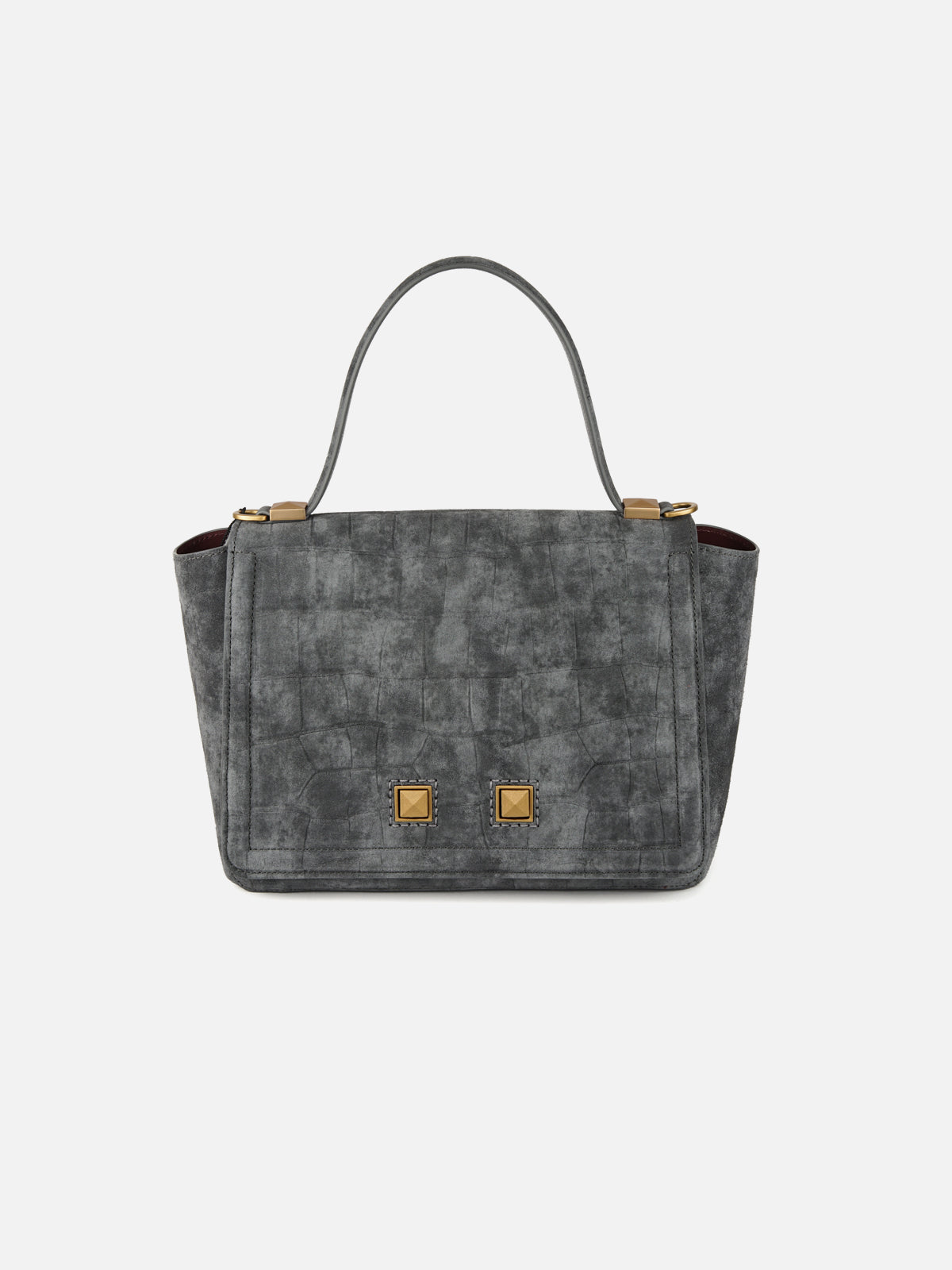 Sophisticated elegance: the dark grey distressed-effect tote, defined by its sleek structured silhouette, rich burgundy interior pop, and striking gold hardware details.