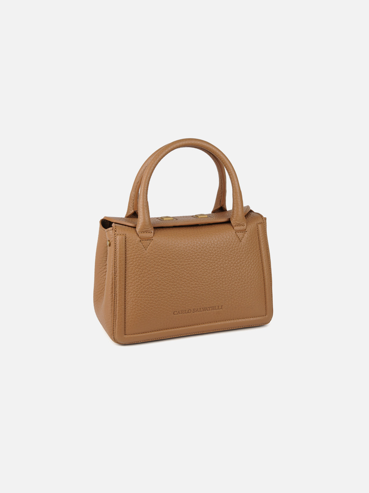 A three-quarter view of a structured, dark grey distressed-textured handbag with a subtle embossed tile pattern. It features a top handle, polished gold-tone metal hardware connectors, two central square pyramid-style stud details, and a deep burgundy lining visible at the side gusset.