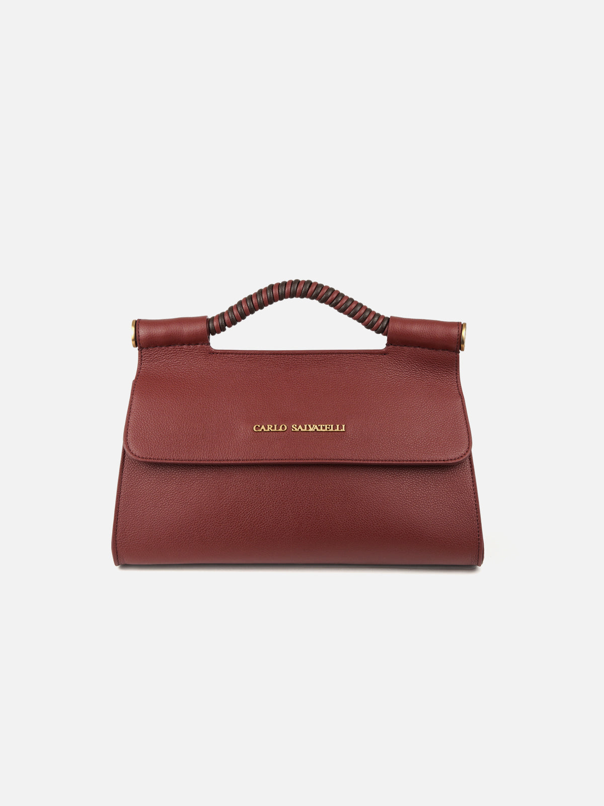 Front view of a structured burgundy leather handbag in a grainy, pebbled finish. The bag features a clean flap closure with the 'Carlo Salvatelli' logo stamped in gold metal across the center, paired with a distinctive top handle wrapped in a two-tone burgundy and dark brown braided pattern, secured with gold-tone hardware.