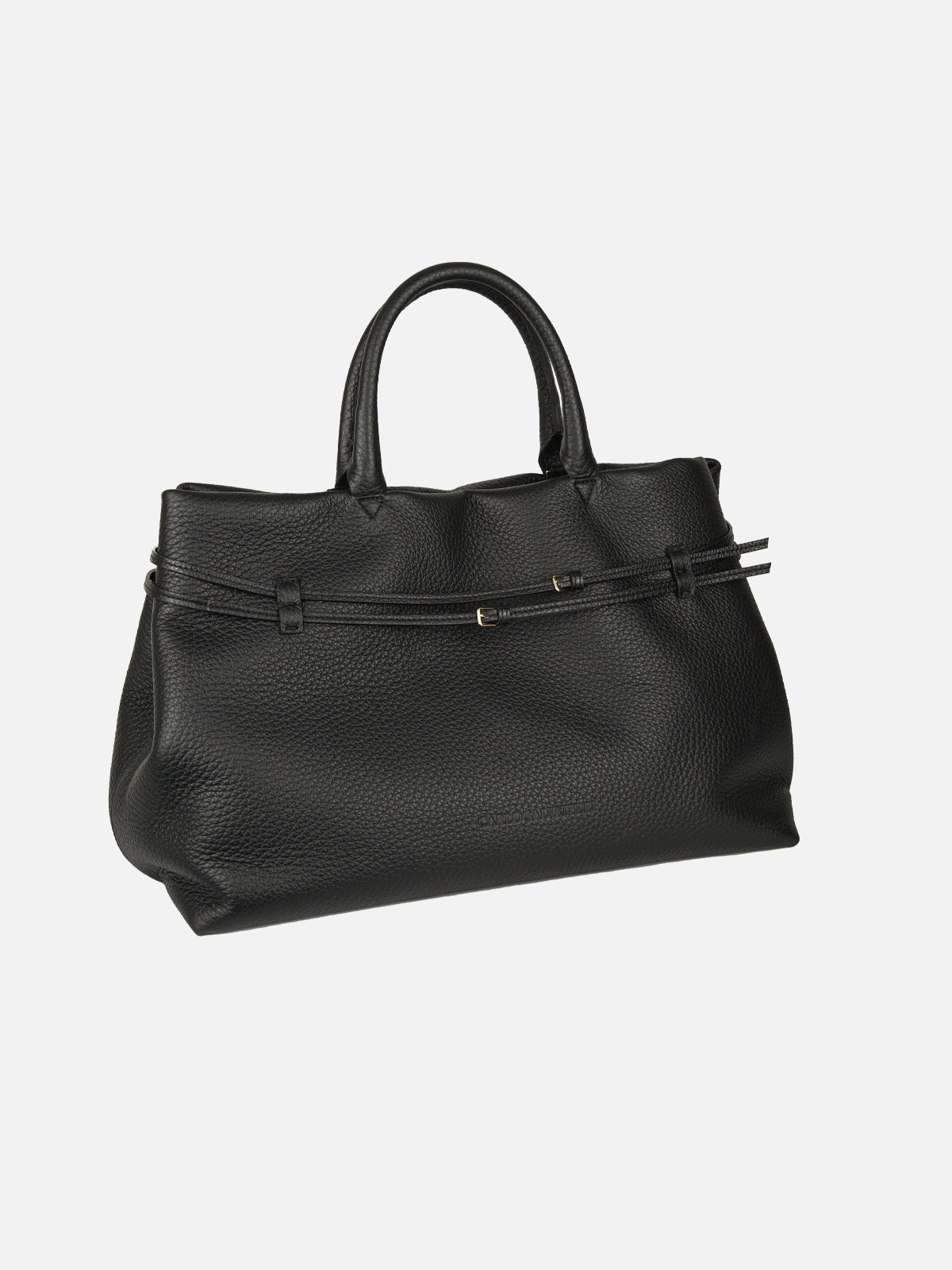 Elegant black leather satchel with a distinct textured pebble grain, featuring two sturdy top handles and a unique decorative horizontal leather tie with two small gold-tone metal buckles across the front. Set against a clean white studio background.