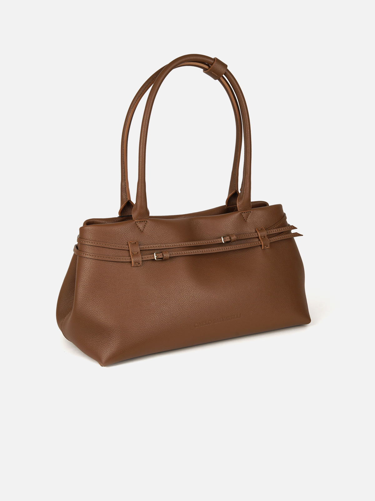Woman's classic brown pebbled leather shoulder bag with top handles, ideal for work and travel.