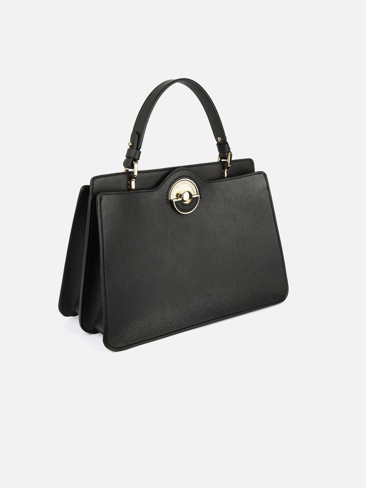 Front angled view of a luxury black saffiano leather top-handle handbag with a gold-tone circular lock closure and structured multi-compartment design.