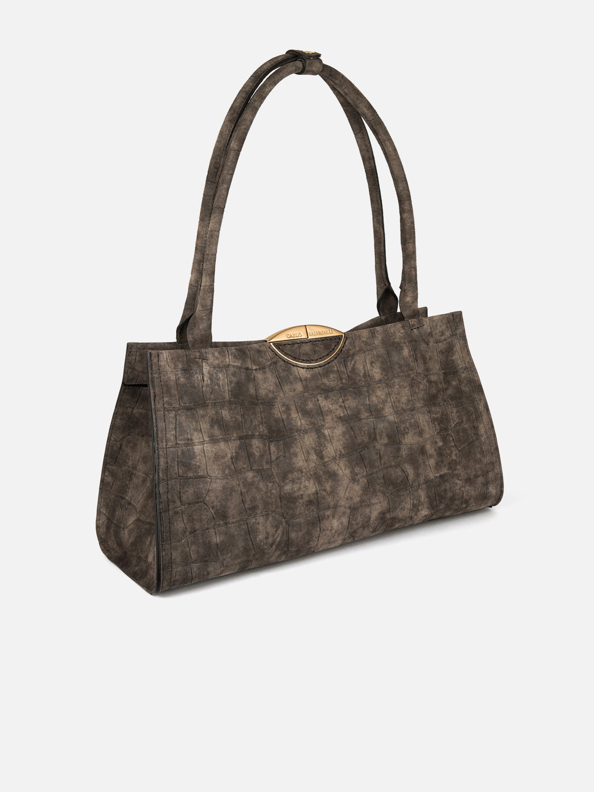 Three-quarter view of a luxury charcoal grey suede shoulder bag featuring a subtle croc pattern, long shoulder straps, and a gold-tone metallic clip detail at the top.